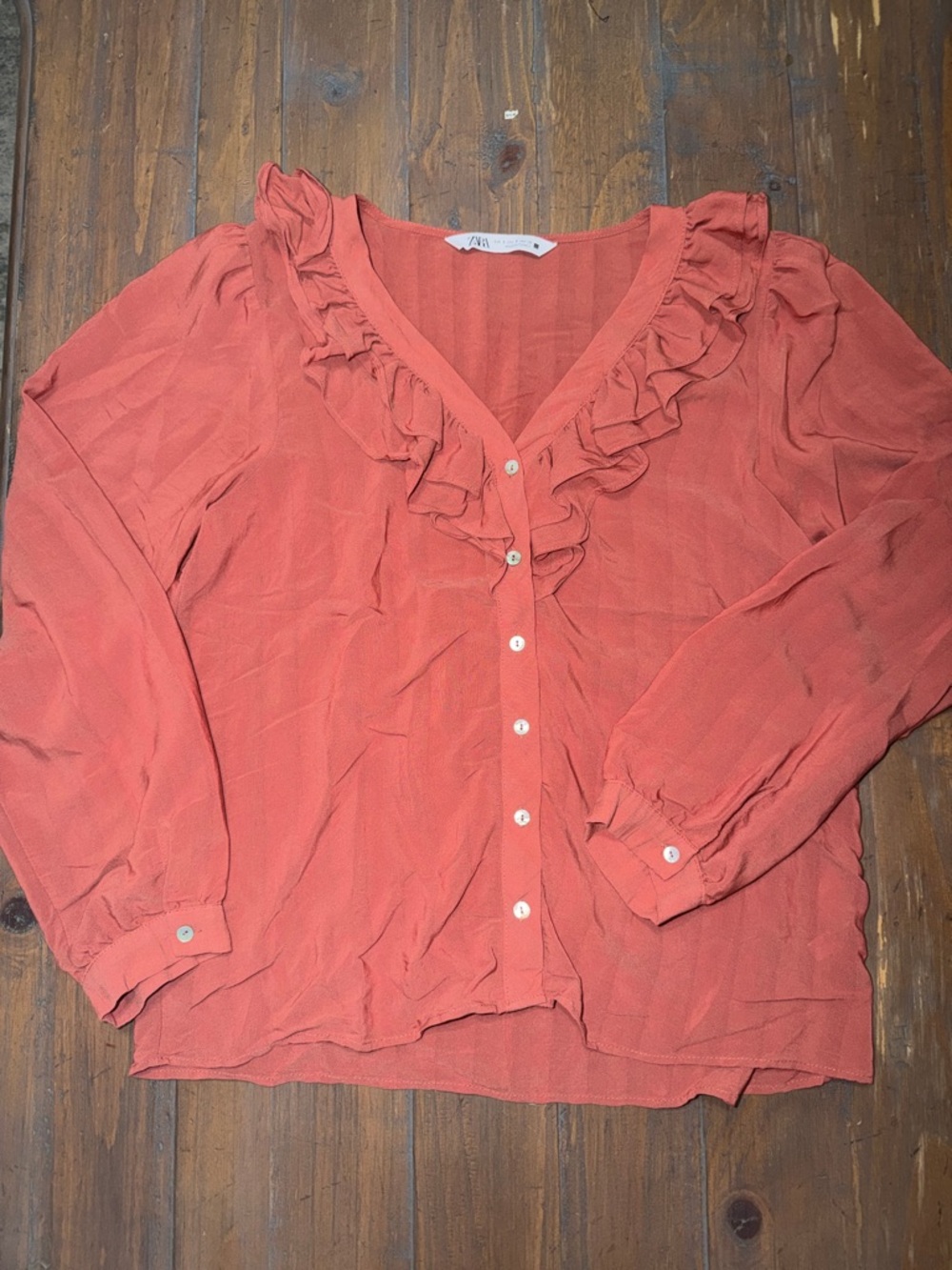 Zara Rust Ruffle V-Neck Button-Down Blouse